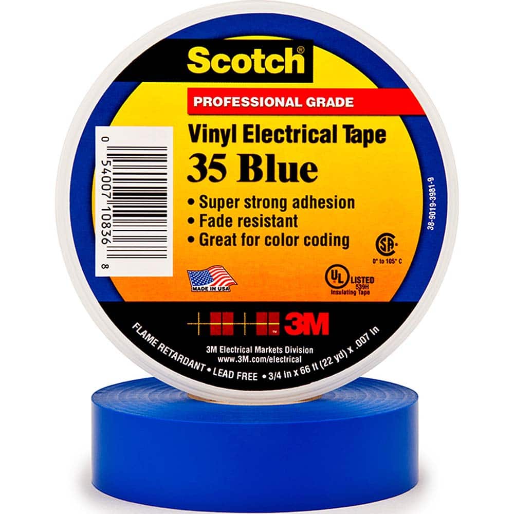 3M 35 BLUE 7000006095 VINYL ELECTRICAL TAPE, 3/4 IN X 66 FT, 10 ROLLS/CARTON, 100 ROLLS/CASE