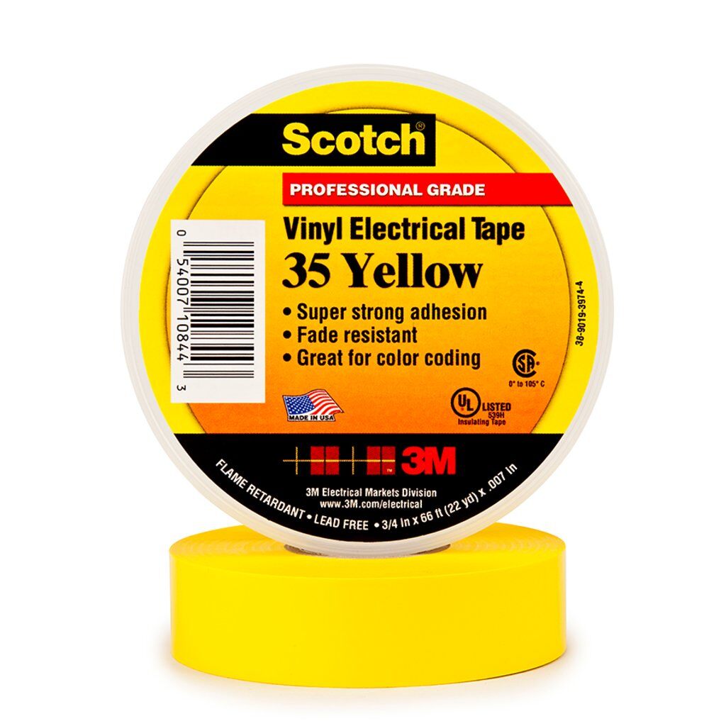 3M 35 YELLOW 7000006096 VINYL ELECTRICAL TAPE, 3/4 IN X 66 FT, 10 ROLLS/CARTON, 100 ROLLS/CASE