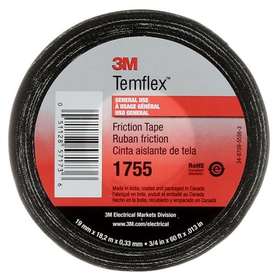 3M 7000058870 1755 3/4" WIDE FRICTION TAPE, 3/4 IN X 60 FT, BLACK, 1 ROLL/CARTON, 20 ROLLS/CASE
