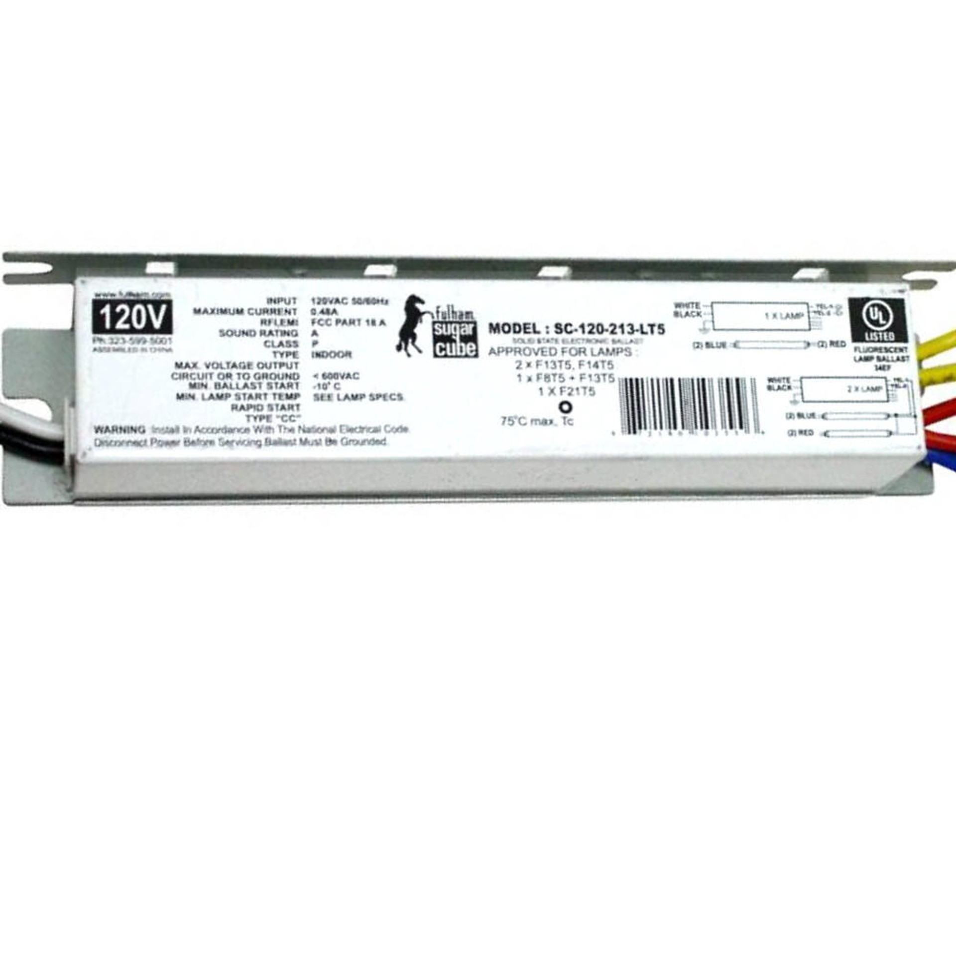 LBD SC-120-213-LT5 FULHAM RAPID START FLUORESCENT BALLAST FOR (1) F21T5, F8T5, F13T5, (2) F13T5, F14T5 at 120V (WH1-120-L)