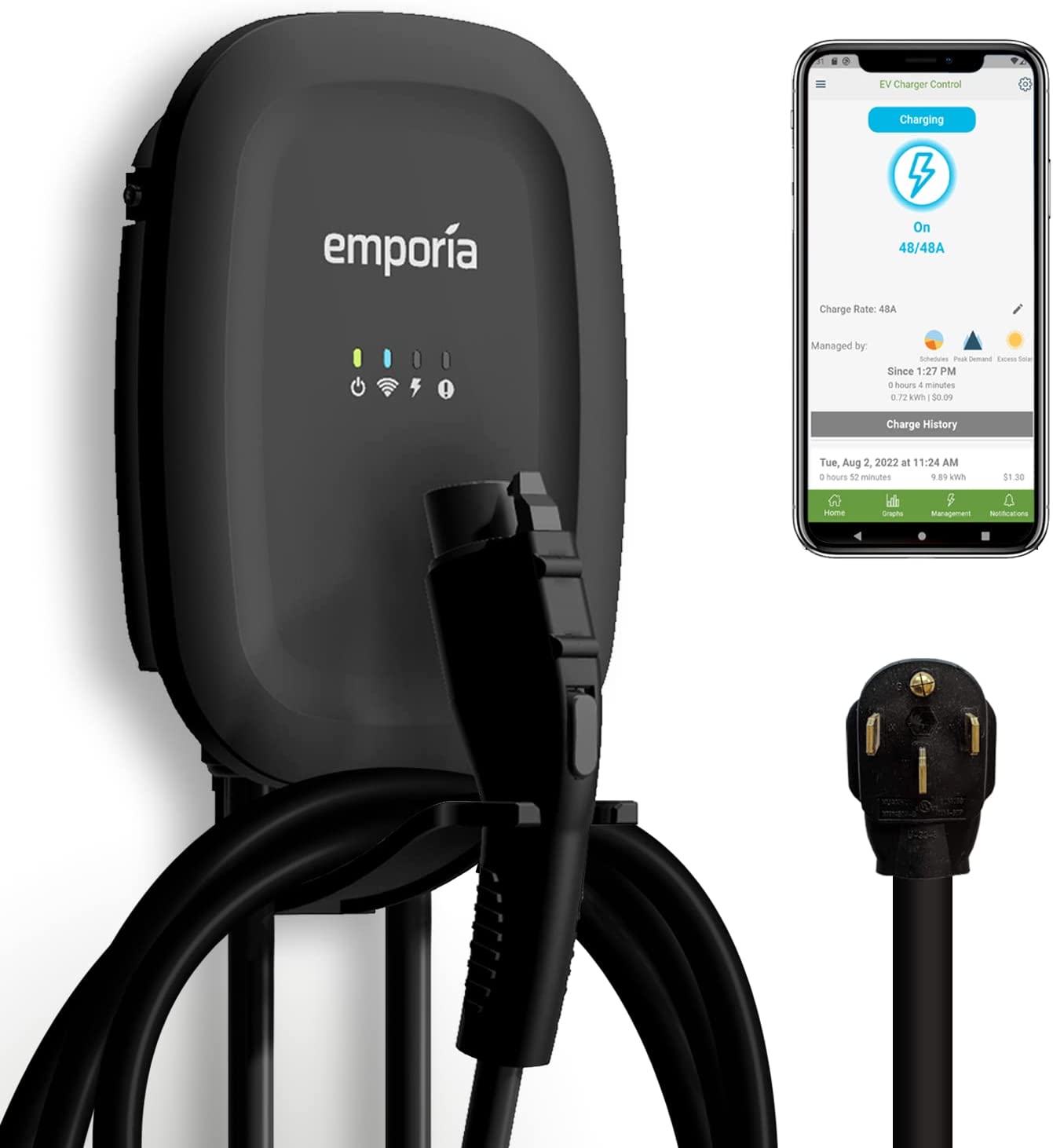 EMPORIA EMEVSE1-B-H-J EV CHARGER BLACK LEVEL 2 48 AMP HARDWIRE 25' CHARGING CABLE WITH CCS/J1772 CONNECTOR TYPE UL AND ENERGY STAR LISTED WIFI ENABLED