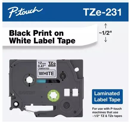 BROT TZE231 0.47 IN X 26.2 FT (12MM X 8M), BLACK INK ON WHITE LABEL TAPE