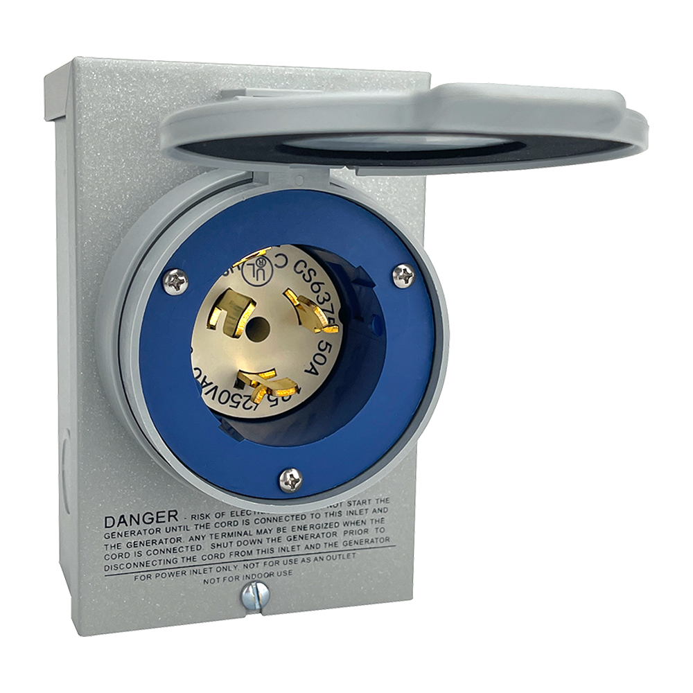 RELI PB50 POWER INLET 50A 3P4W GENERATOR OUTDOOR ENCL W/FLIP COVER NEMA FLANGED INLET PLUG 7500W MAX 120/240V