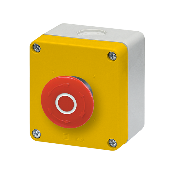 IMO BG10P34-11 EMERGENCY STOP STATION 40MM TWIST TO RELEASE RED BUTTON YELLOW ENCLOSURE FACE 1NO + 1NC CONTACTS