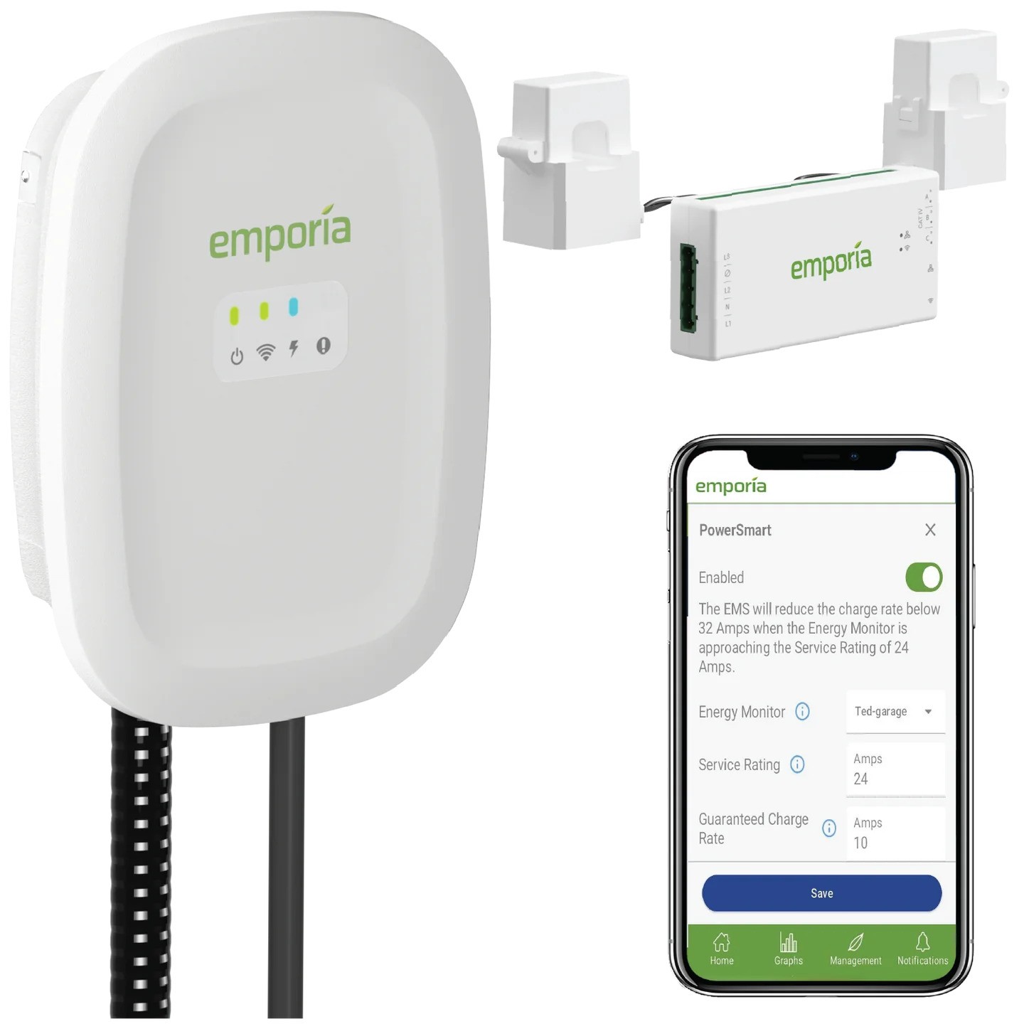 EMPORIA EMC1V2-A-H-J-2P-WH EV CHARGER WITH LOAD MANAGEMENT WHITE 48 AMP HARDWIRED