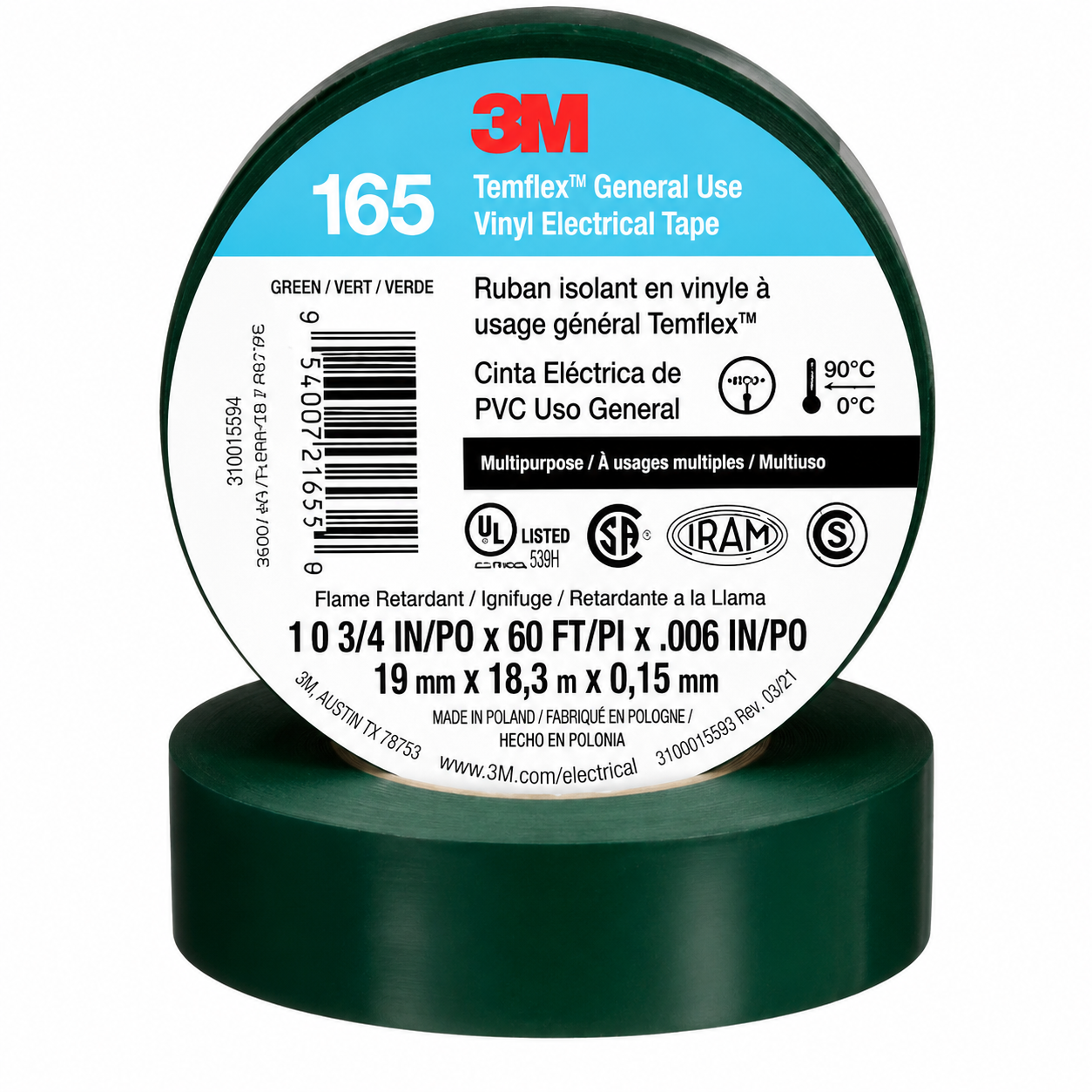 3M 7100169430 3M TEMFLEX VINYL ELECTRICAL TAPE 165 GREEN 3/4 IN X 60 FT (19 MM X 18 M) 6 MIL 100 ROLLS/CASE